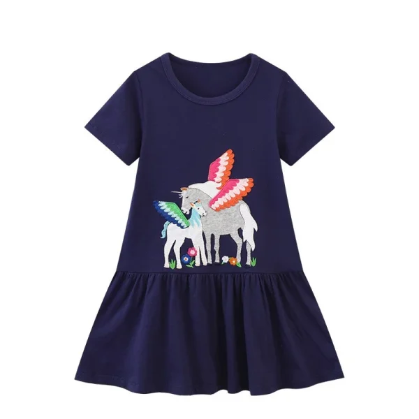 Girls Blue Equestrian Horse Applique Short Sleeve Summer Party Casual Dress - 2-8 Years