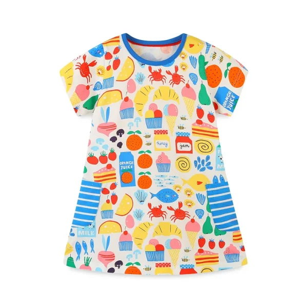 Girls Summer Short Sleeve Dresses - Various Colorful Allover Prints Rainbows, Animals, Fishes, Ice Cream - Cotton Dresses with Pockets - Sizes 2-7 Years - Image 2