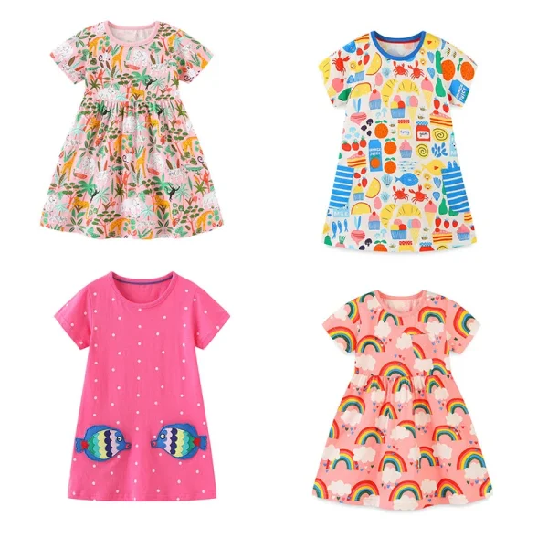 Girls Summer Short Sleeve Dresses - Various Colorful Allover Prints Rainbows, Animals, Fishes, Ice Cream - Cotton Dresses with Pockets - Sizes 2-7 Years