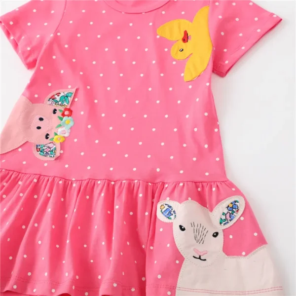 Girls Summer Short Sleeve Princess Party Dress - Pink Polka Dot with Dots Animals Embroidery - 2-7 Years - Image 3