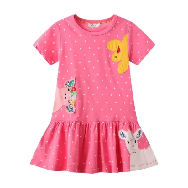 Girls Summer Short Sleeve Princess Party Dress - Pink Polka Dot with Dots Animals Embroidery - 2-7 Years