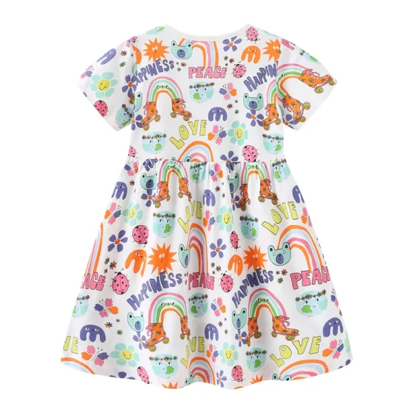 Girls' Summer Dress with Happiness, Peace Cartoon Print - Short Sleeve, Sizes 2-7 Years - Image 2