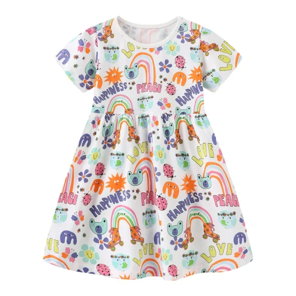 Girls' Summer Dress with Happiness, Peace Cartoon Print - Short Sleeve, Sizes 2-7 Years