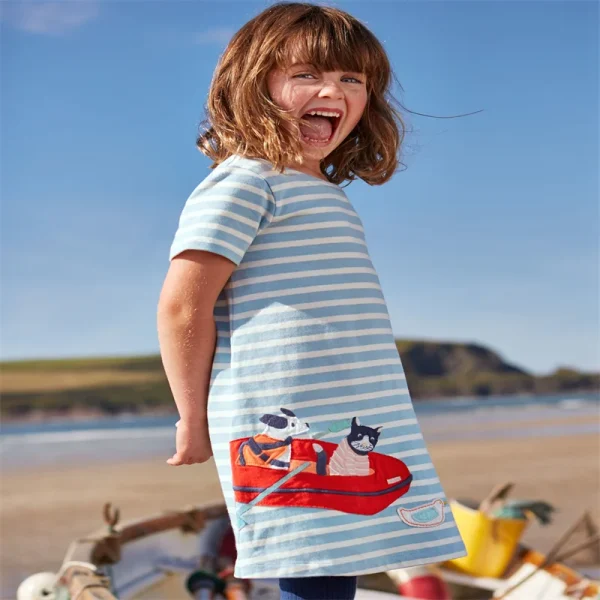 Girls Light Blue Striped Dress with Animals and Boat Embroidery - Short Sleeve Summer - Sizes 2-7 Years - Image 3