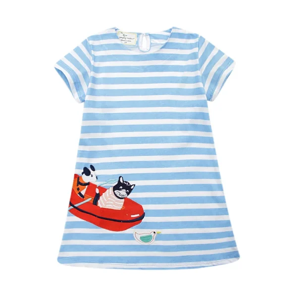 Girls Light Blue Striped Dress with Animals and Boat Embroidery - Short Sleeve Summer - Sizes 2-7 Years