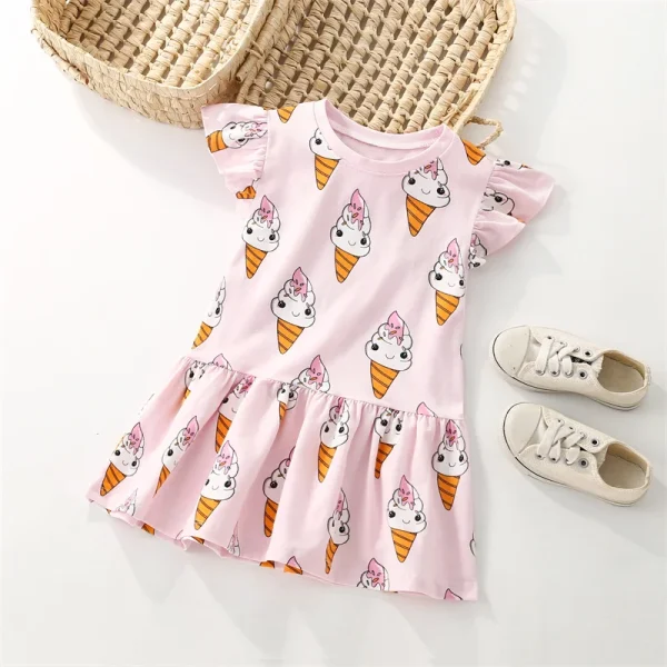 Girls' Pink Summer Dress with Allover Ice Cream Print - Short Sleeve - Sizes 2-7 Years - Image 2