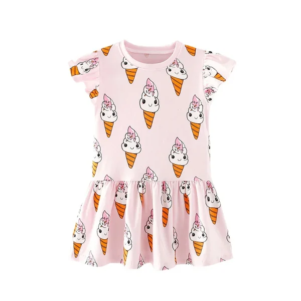 Girls' Pink Summer Dress with Allover Ice Cream Print - Short Sleeve - Sizes 2-7 Years