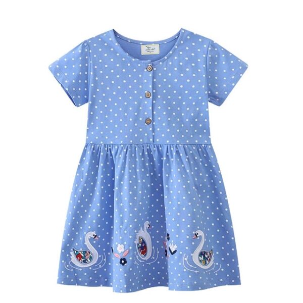 Blue Swan Embroidery Dress with Buttons - Short Sleeve Birthday Party Toddler Wear 2-7T