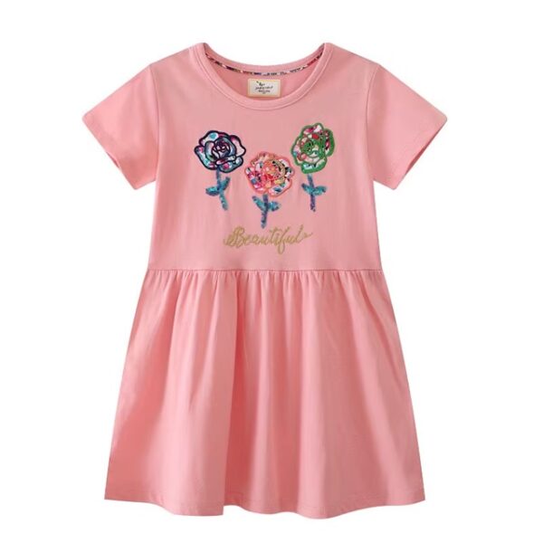 Girls Summer Floral Embroidered Dress - 2-7T Princess Short Sleeve Party Dress with Sequin Flowers