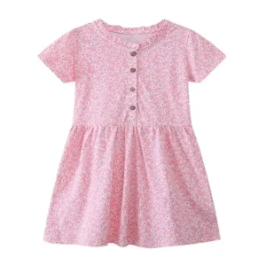 Pink Floral Button Dress – Short Sleeve Cotton Summer Outfit for Girls 2-7 Years