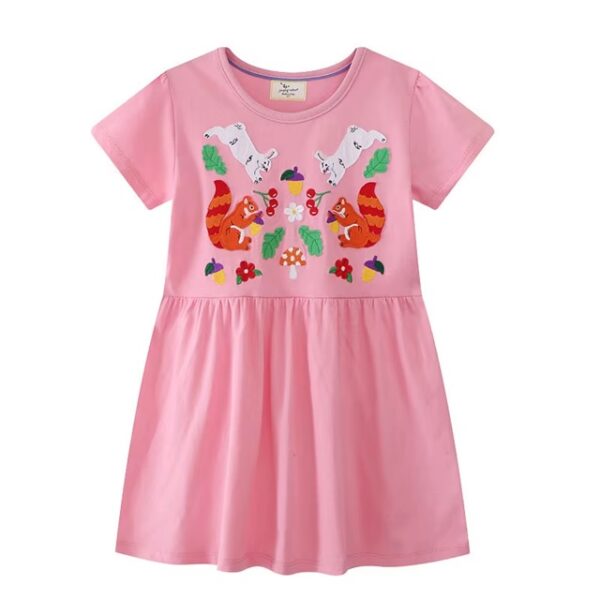 Pink Animals Applique Summer Dress 2-7T with Squirrel & Bunny Embroidery - Short Sleeves 🎉🐿️🐇