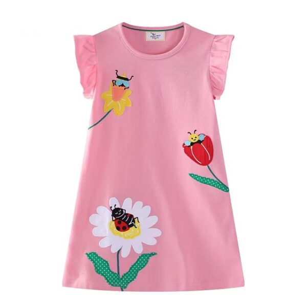 Pink Floral Applique Girls Dress - 2-7T Cotton Summer Dress with Ladybug, Bee, and Flower Design 🌸🐞🐝👗