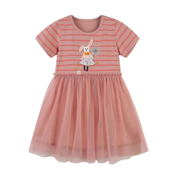 Pink Bunny Tutu Dress – Short Sleeve Striped Party Outfit for Girls 2-7 Years