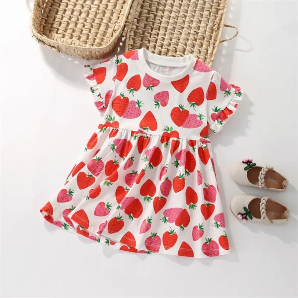 Strawberry Print Summer Dress – Cotton Party Outfit for Girls 3-8T ✨🍓 - Image 2