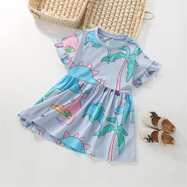 Blue Dinosaur Print Dress – Short Sleeve Ruffle Summer Outfit for Girls 3-8 Years 🦖💙🦕 - Image 2