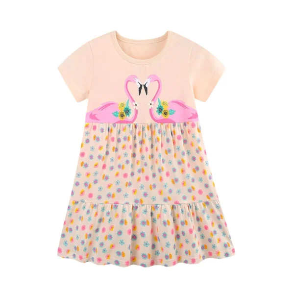 Peach Flamingo Print Girls Summer Dress – Short Sleeve, Floral Tiered Skirt, Cotton Casual Outfit for Kids  2-7T🌸🦩