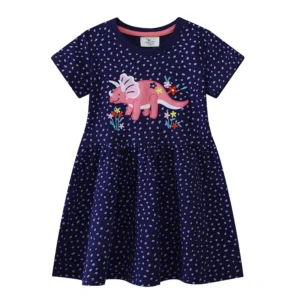 Navy Blue Dinosaur Summer Girls Dress with Embroidery - Triceratops & Flowers Design 2-7T