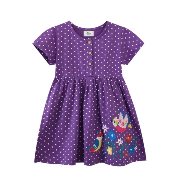 Purple Polka Dot Dress – Short Sleeve Bird Embroidery Party Outfit for Girls 2-7 Years