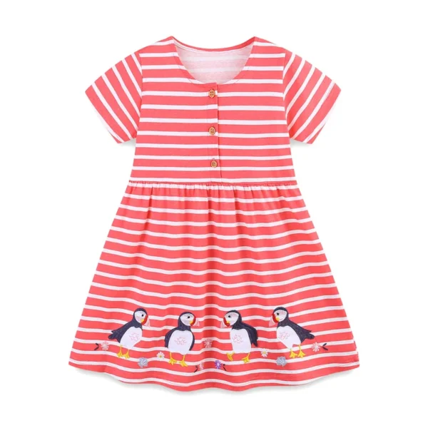 Red Striped Puffin Dress – Short Sleeve Button-Up Cotton Outfit for Girls 2-7 Years