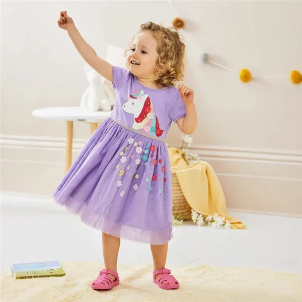 Floral Unicorn Applique Dress – Short Sleeve Embroidered Party Outfit for Girls 2-7T ✨🦄🌸