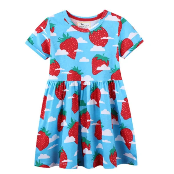 Blue Strawberry Print Dress – Short Sleeve Cotton Summer Outfit for Girls 2-7 Years