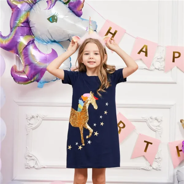 Navy Blue Short Sleeve Dress with Sequin Unicorn & Stars – Magical Party Outfit for Girls ✨🦄 - Image 3