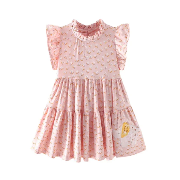 Pink Ruffle Tiered Dress with Embroidered Elephant – 100% Cotton Summer Outfit for Girls 3-8T 🐘💖