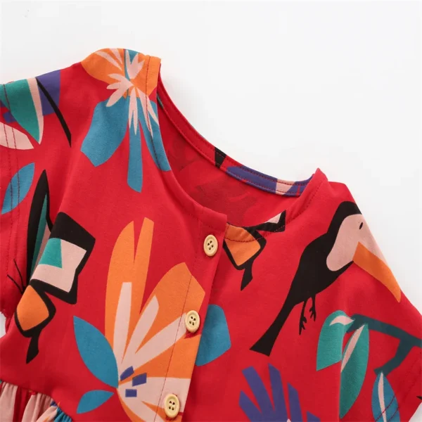 Red Tropical Bird Print Dress – Short Sleeve Cotton Party Outfit for Girls 3-8 Years - Image 3