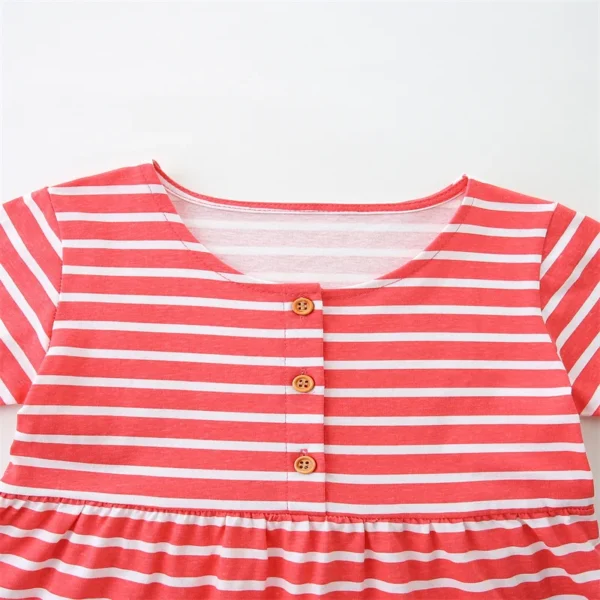 Red Striped Puffin Dress – Short Sleeve Button-Up Cotton Outfit for Girls 2-7 Years - Image 3