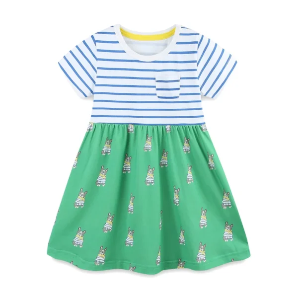 Striped French Bulldog Print Summer Dress – Cotton Party Outfit for Girls 2-7T 🐶💚