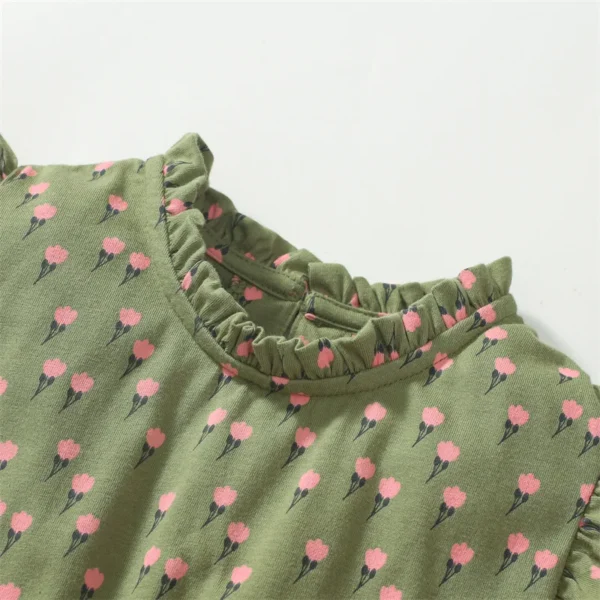 Floral Print Green Tiered Dress for Girls with Pink Flower Design and Ruffled Sleeves - 2-8T Cotton Summer Dress 🌸👗 - Image 3