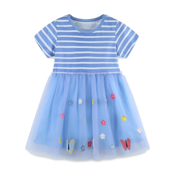 Blue Striped Butterfly Mesh Dress – Short Sleeve Tulle Party Outfit for Girls 2-7 Years 💙🦋👗