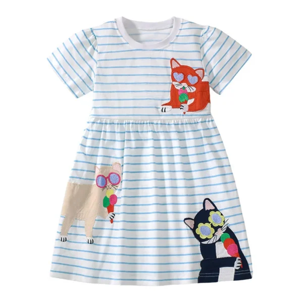 Striped Cat Ice Cream Embroidery Dress – Girls' Summer Outfit 2-7T 🍦🐱