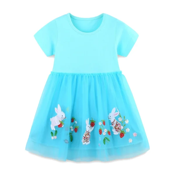 Blue Bunny Embroidery Tulle Dress – Girls Summer Party Outfit 2-7T 🐰💙✨