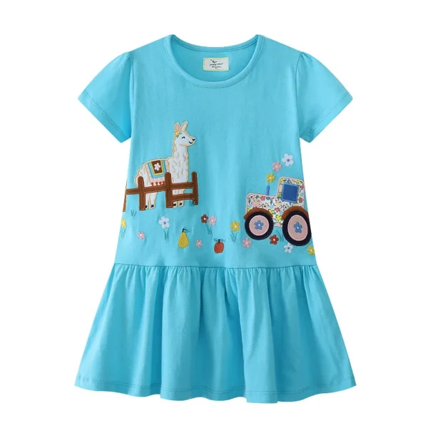 Blue Llama & Tractor Embroidery Summer Dress – Short Sleeve Cotton Party Outfit for Girls 🚜🦙