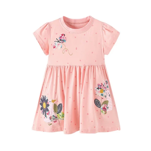 Pink Polka Dot Bunny & Bird Appliqué Dress – Cotton Summer Outfit for Girls 3-8T 🐰🌸✨