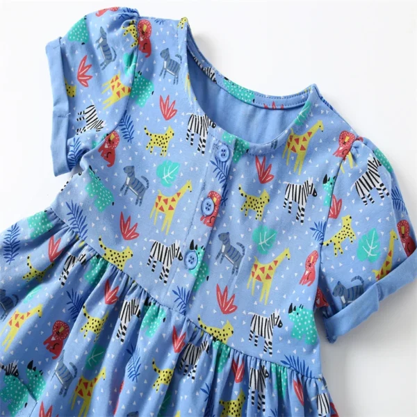 Blue Animal Print Dress – Short Sleeve Button-Up Party Outfit for Girls 2-7 Years 🦒💙 - Image 3