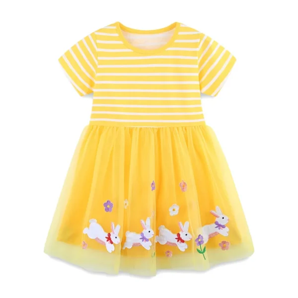 Yellow Bunny Tulle Dress – Striped Short Sleeve Party Outfit for Girls 2-7T 🐰🌼