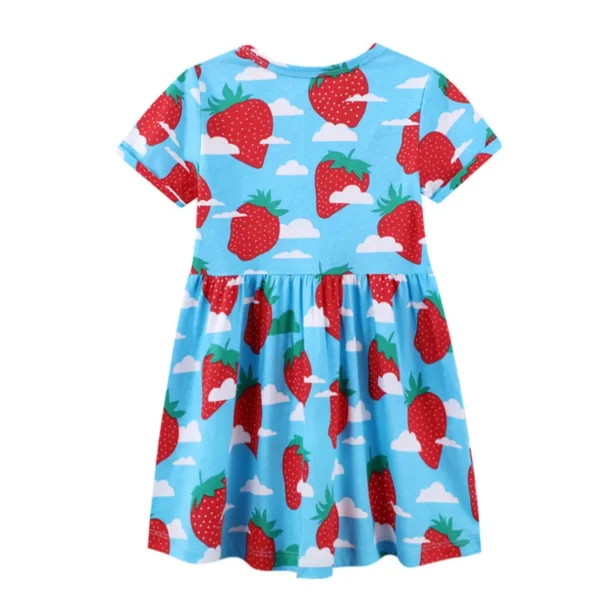 Blue Strawberry Print Dress – Short Sleeve Cotton Summer Outfit for Girls 2-7 👗🍓☁️ Years - Image 2