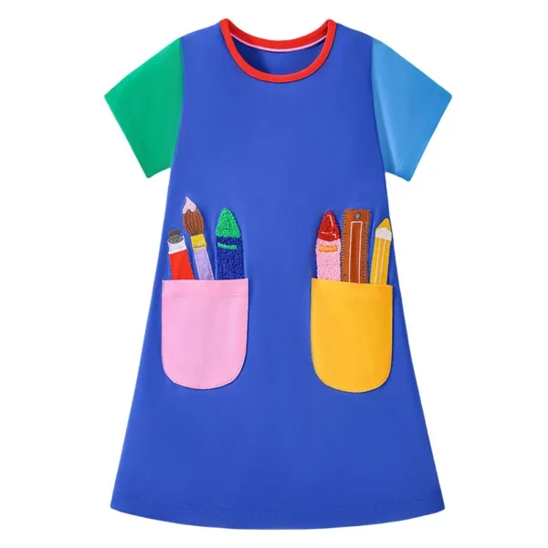 Colorful Crayon Pocket Dress for Girls – 2-7 Years, Blue Cotton Summer Dress with Fun Applique Design ✏️🌞