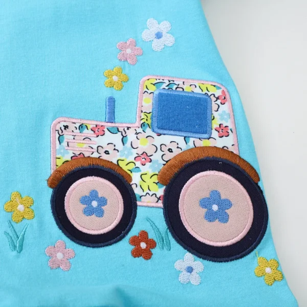 Blue Llama & Tractor Embroidery Summer Dress – Short Sleeve Cotton Party Outfit for Girls 🚜🦙 - Image 5