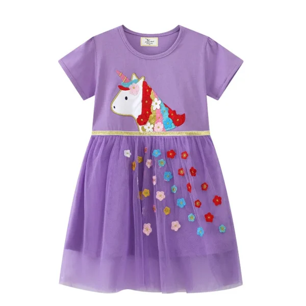 Floral Unicorn Applique Dress – Short Sleeve Embroidered Party Outfit for Girls 2-7T ✨🦄🌸 - Image 2