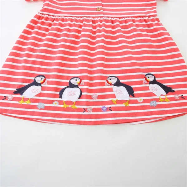 Red Striped Puffin Dress – Short Sleeve Button-Up Cotton Outfit for Girls 2-7 Years - Image 4