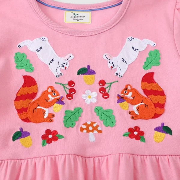 Pink Animals Applique Summer Dress 2-7T with Squirrel & Bunny Embroidery - Short Sleeves 🎉🐿️🐇 - Image 3