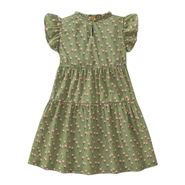 Floral Print Green Tiered Dress for Girls with Pink Flower Design and Ruffled Sleeves - 2-8T Cotton Summer Dress 🌸👗 - Image 2