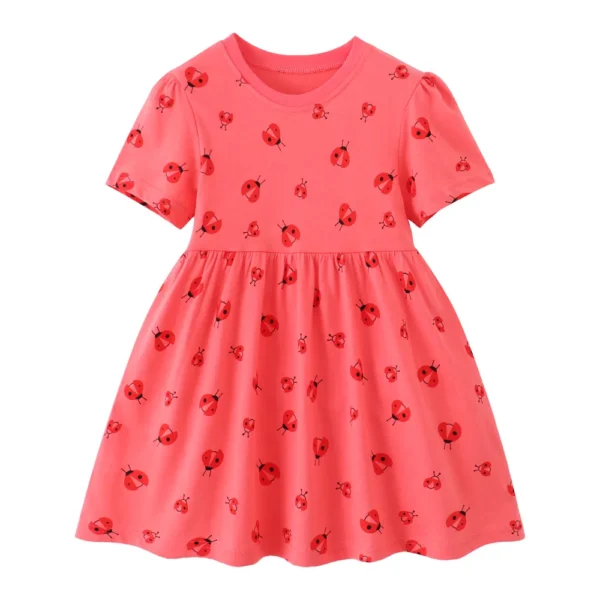 Red Ladybug Print Dress – Short Sleeve Summer Outfit for Girls 2-7 Years