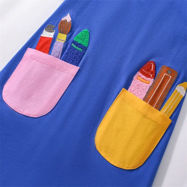 Colorful Crayon Pocket Dress for Girls – 2-7 Years, Blue Cotton Summer Dress with Fun Applique Design ✏️🌞 - Image 5