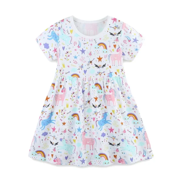 White Unicorn & Rainbow Print Short Sleeve Dress – Sizes 2T-7T 🌈🦄