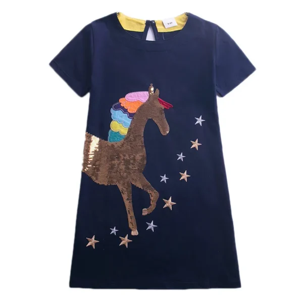 Navy Blue Short Sleeve Dress with Sequin Unicorn & Stars – Magical Party Outfit for Girls ✨🦄