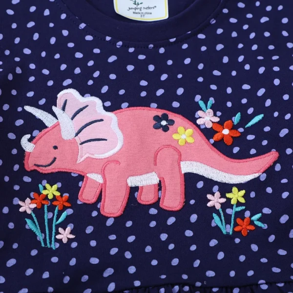 Navy Blue Dinosaur Summer Girls Dress with Embroidery - Triceratops & Flowers Design 2-7T🌸🦖 - Image 3